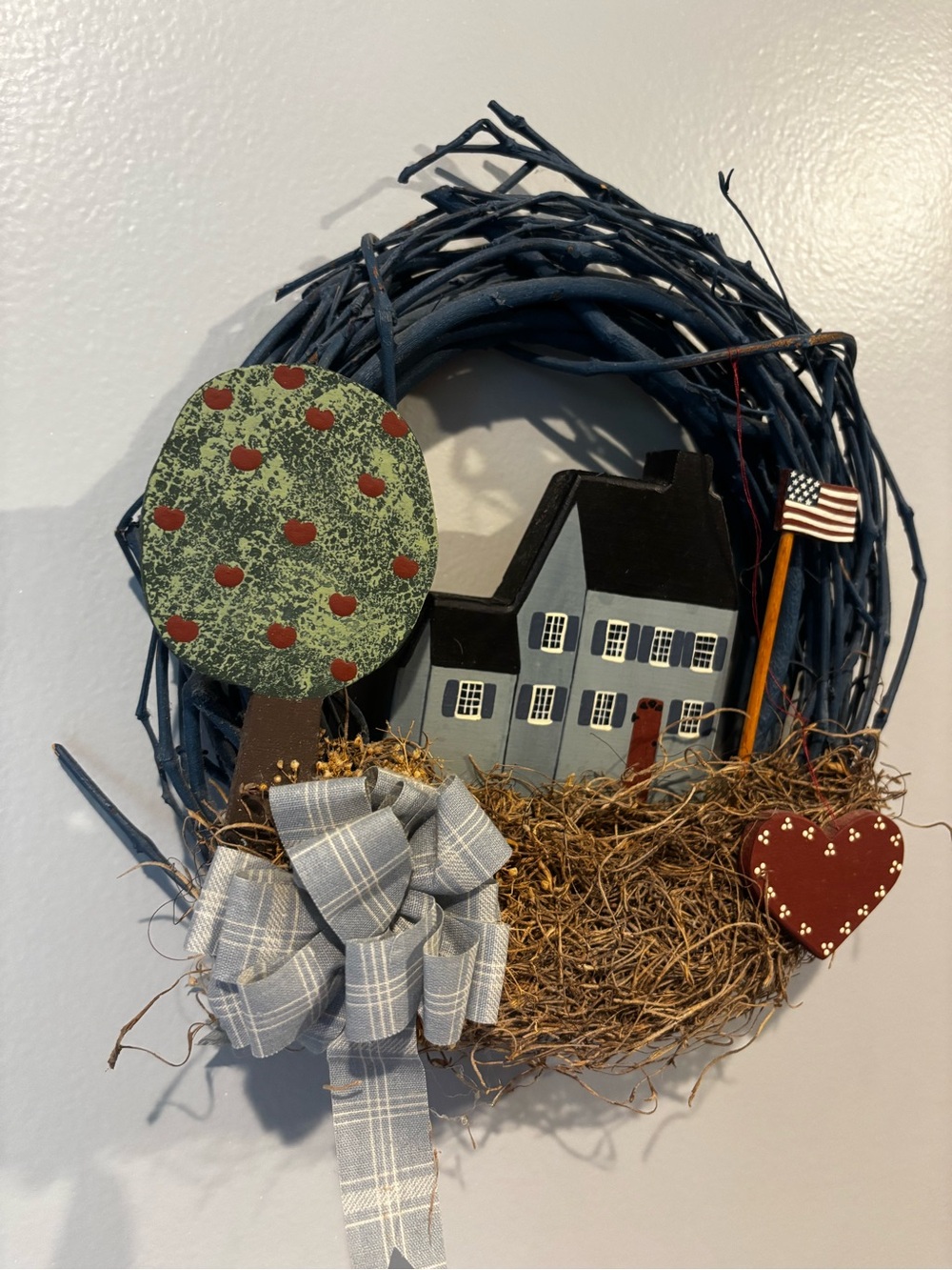 Patriotic Blue Grapevine Home Wreath with House and Tree